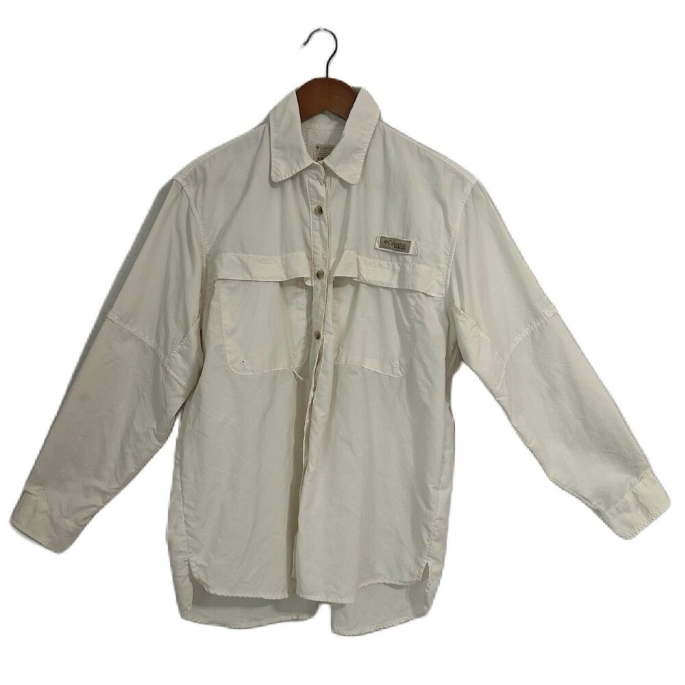 Columbia Shirt Women M Ivory Nylon Mesh Pockets Sport Outdoor Performance Gorp